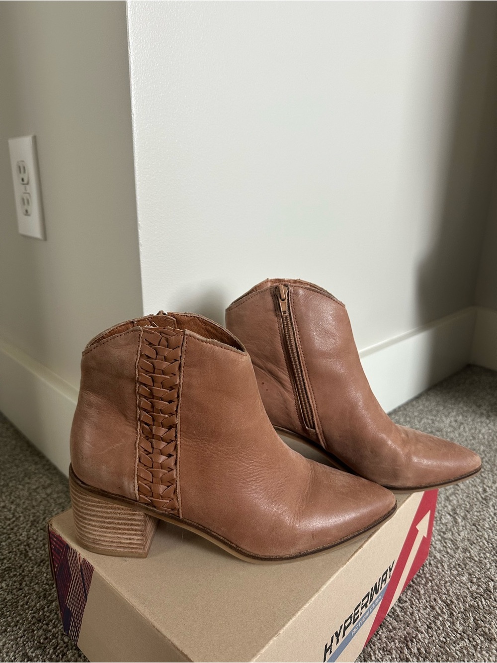 Lucky Brand Cognac Braided Leather Ankle Booties